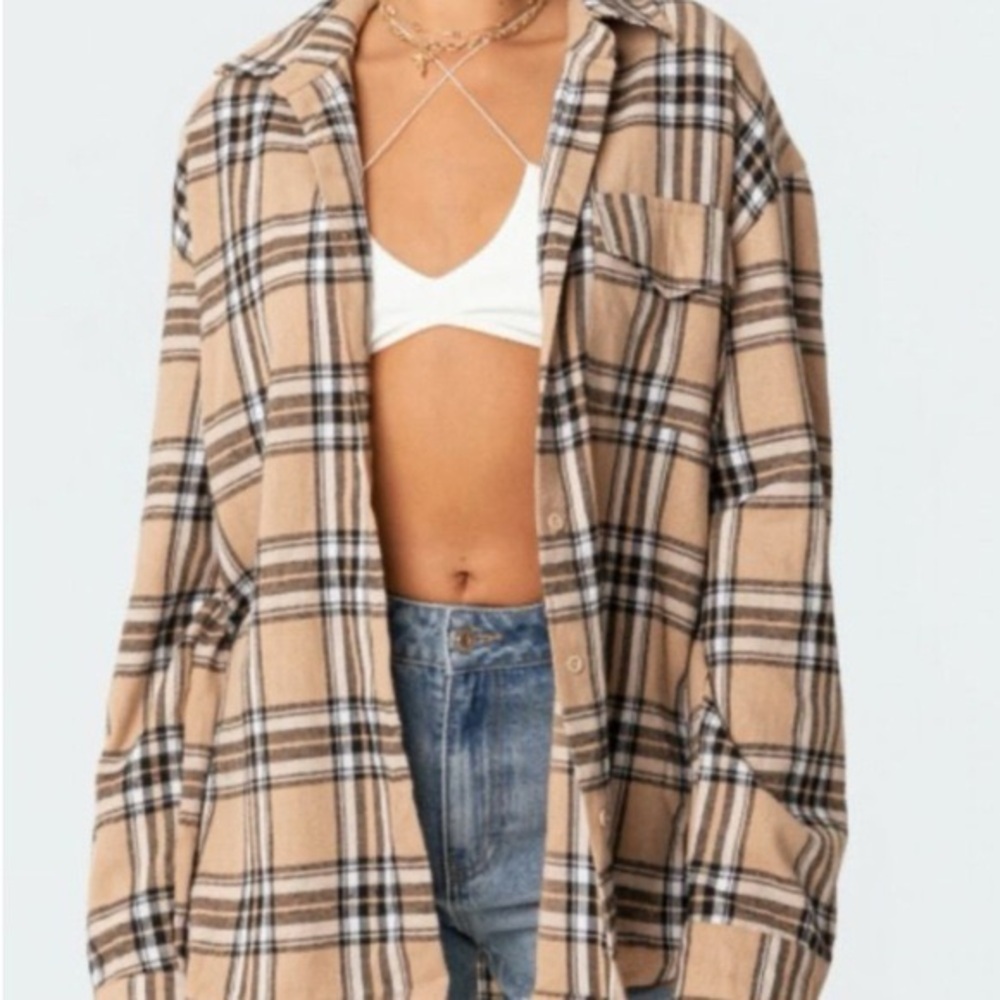Edikted‎ Beige Plaid Button-Down Shirt